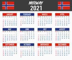 Norway Calendar with flag. Month, day, week. Simply flat design. Vector illustration background for desktop, business, reminder, planner