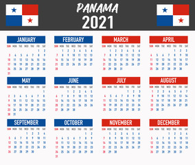 Panama Calendar with flag. Month, day, week. Simply flat design. Vector illustration background for desktop, business, reminder, planner
