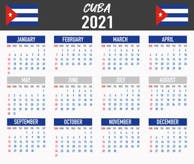 Cuba Calendar with flag. Month, day, week. Simply flat design. Vector illustration background for desktop, business, reminder, planner
