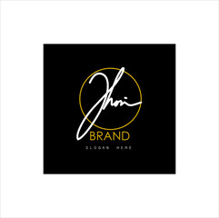 Signature logo, initial "Jhon" signature with frame, brand and white background