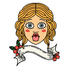 tattoo with banner of female face sticking out tongue