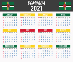 Dominica Calendar with flag. Month, day, week. Simply flat design. Vector illustration background for desktop, business, reminder, planner