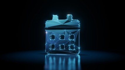 3d rendering wireframe neon glowing symbol of calendar on black background with reflection