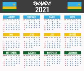 Rwanda Calendar with flag. Month, day, week. Simply flat design. Vector illustration background for desktop, business, reminder, planner
