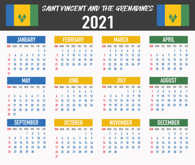 Saint Vincent and the Grenadines Calendar with flag. Month, day, week. Simply flat design. Vector illustration background for desktop, business, reminder, planner