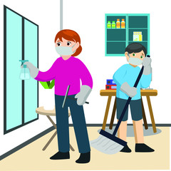 Mother and her son is cleaning up the home