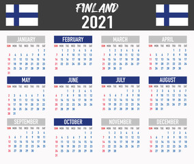 Finland Calendar with flag. Month, day, week. Simply flat design. Vector illustration background for desktop, business, reminder, planner