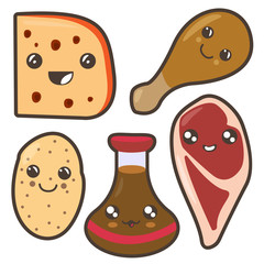 A set of funny pistores meat steak, cheese, turkey leg, potatoes, soy sauce. Kawaii illustration.