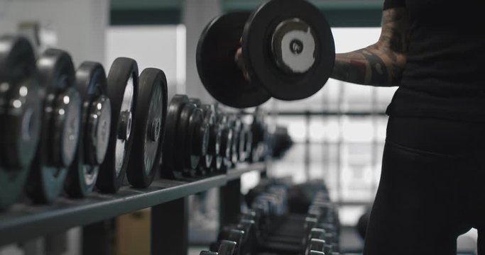 Woman lifting dumbbell weights at gym.Detail of arm lifting weight. Woman training at fitness center. Fitness girl strength workout exercising indoor