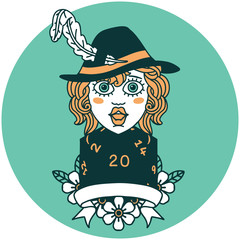 human bard character with natural 20 dice roll icon