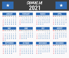 Somalia Calendar with flag. Month, day, week. Simply flat design. Vector illustration background for desktop, business, reminder, planner