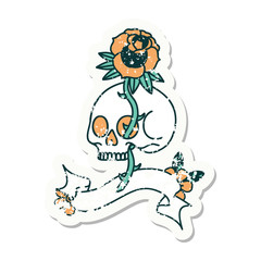 grunge sticker with banner of a skull and rose