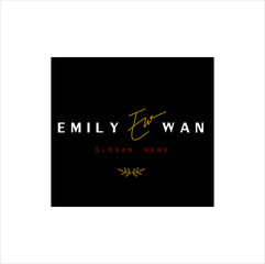 Signature logo, initial "EMILY WAN" signature with  frame, brand and white background