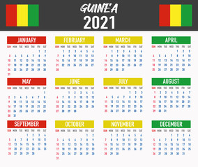 Guinea Calendar with flag. Month, day, week. Simply flat design. Vector illustration background for desktop, business, reminder, planner