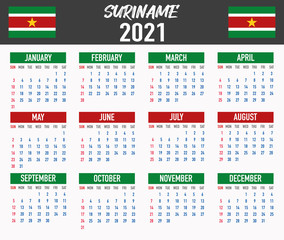 Suriname Calendar with flag. Month, day, week. Simply flat design. Vector illustration background for desktop, business, reminder, planner