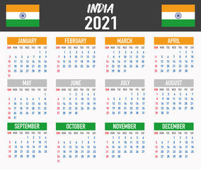 India Calendar with flag. Month, day, week. Simply flat design. Vector illustration background for desktop, business, reminder, planner