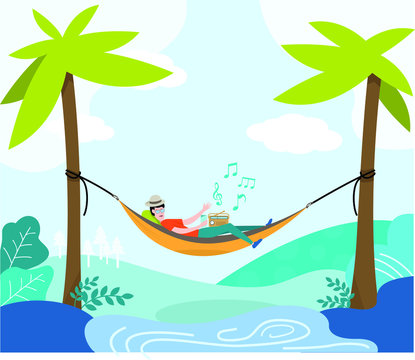 Travelling Hammock in Forest, person relaxing lying in hammock on the beach under palm trees vector