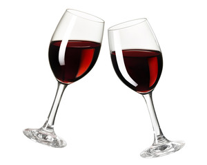 Toast with red wine glasses, cheers, isolated on white background