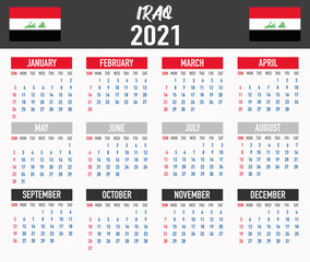 IRAQ Calendar with flag. Month, day, week. Simply flat design. Vector illustration background for desktop, business, reminder, planner
