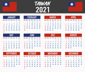 Taiwan Calendar with flag. Month, day, week. Simply flat design. Vector illustration background for desktop, business, reminder, planner