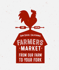 Farmers Market Vector Illustration. Barn And Weathercock. Eat Local. From Our Farm to Your Fork. Vintage Textured Decoration. - obrazy, fototapety, plakaty