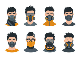 Man avatars icon set. Men wearing a respirator, protective mask, filters-air, goggles. Prevention of the virus infection. Urban style male portraits.
