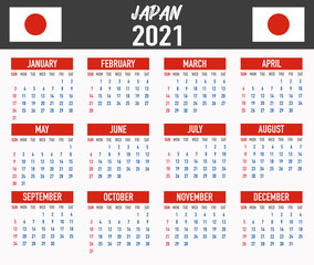 Japan Calendar with flag. Month, day, week. Simply flat design. Vector illustration background for desktop, business, reminder, planner