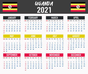 Uganda Calendar with flag. Month, day, week. Simply flat design. Vector illustration background for desktop, business, reminder, planner