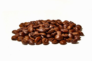 Arabica and Robusta coffee beans on a white background