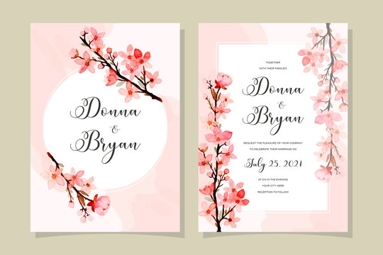 wedding invitation card with cherry blossoms watercolor