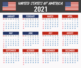 United States of America, USA Calendar with flag. Month, day, week. Simply flat design. Vector illustration background for desktop, business, reminder, planner