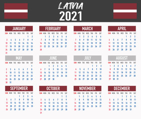 Latvia Calendar with flag. Month, day, week. Simply flat design. Vector illustration background for desktop, business, reminder, planner