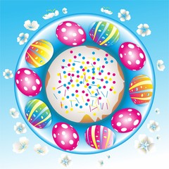 Computer graphics Easter cake with powder and multi-colored eggs on a plate with flowers around