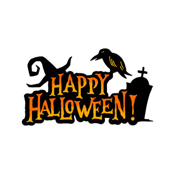 Happy Halloween Badge Banner. Vector Illustration of witch hat raven and gravestone.