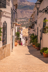 Decorated old cobbled street in the old town of Altea, little town of Spain