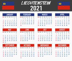 Liechtenstein Calendar with flag. Month, day, week. Simply flat design. Vector illustration background for desktop, business, reminder, planner
