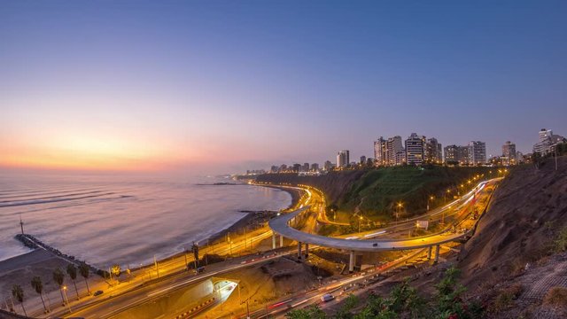 Aerial panoramic view of Lima's Coastline in the neighborhood of Miraflores day to night transition timelapse, Lima, Peru. Road traffic with junction and beach with ocean from Husares De Junin