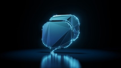 3d rendering wireframe neon glowing symbol of rounded chat bubbles on black background with reflection