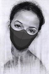 a mask on the girl’s face. pandemic virus. epidemic, contagiousness. pencil drawing. disease protection. COVID-19