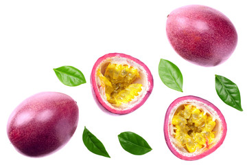 fresh passion fruits with leaves isolated on white background. top view