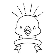 banner with black line work tattoo style singing chick