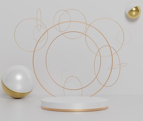3d abstract minimal geometric forms. Glossy luxury podium with simple golden circular rings and geometric forms for your design . Art decor elements.