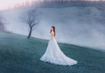 Young beautiful brunette woman lady walks in spring hills meadow in fog at spring dawn. Luxury...