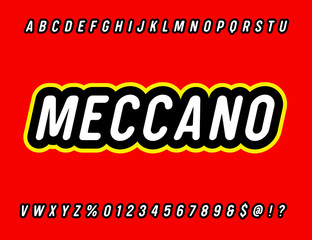 'Meccano' Sans Serif Rounded Simple Alphabet. Retro Typography. Kid toy style font. Vector Illustration.