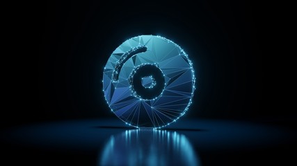 3d rendering wireframe neon glowing symbol of compact disc on black background with reflection