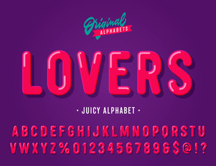 'Lovers' Vintage Sans Serif Juicy Rounded Alphabet. Retro Typography Font with Rich Colours. Vector Illustration.