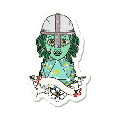 half orc fighter character with natural 20 dice roll grunge sticker