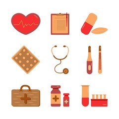 Medical supplies icons for doctor profession illustration. Health care services concept. Set vector