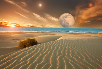 Fictional fantasy landscape view of surface another planet, on background sky and satellite,...