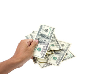 Hand holding 100 dollar bills isolated on white background money. clipping path